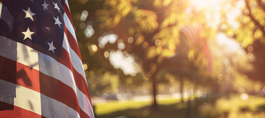 Close-up of an American flag waving in the sunlight, with trees and a park in the softly blurred background, symbolizing honor and gratitude for veterans.